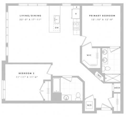 Floor plan for 2 beds, 2 baths, 1172 sqft